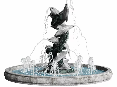 Decorative Outdoor Fountain With Dolphin Statues In Stone Basin And Flowing Water Features 3d model