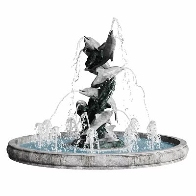 Decorative Outdoor Fountain With Dolphin Statues In Stone Basin And Flowing Water Features 3d model