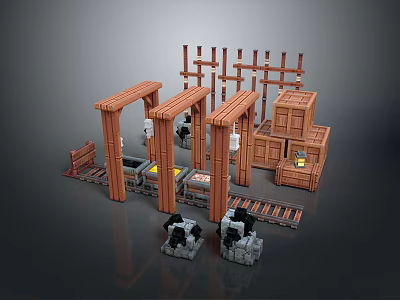 Lego style Construction Scene With Wooden Structures Crates Tracks And Black White Figures 3d model