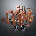 Lego style Construction Scene With Wooden Structures Crates Tracks And Black White Figures
