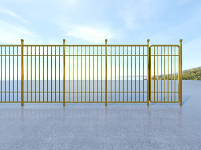 Golden Metal Fence Standing On Gray Ground With Blue Sky Sea View And Hills 3d model