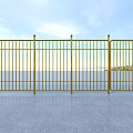 Golden Metal Fence Standing On Gray Ground With Blue Sky Sea View And Hills