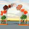 Floral Event Entrance Arch With Colorful Flowers Side Pillars Green Plants And Sunset Background