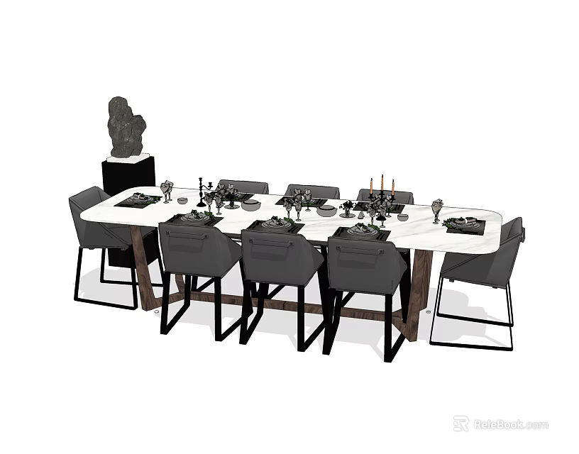 Modern Dining Table Set With Grey Chairs White Tabletop And Tableware Decorations 3d model 