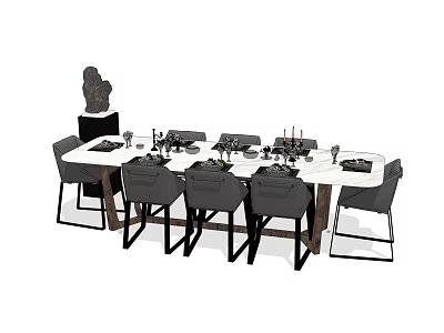 Modern Dining Table Set With Grey Chairs White Tabletop And Tableware Decorations 3d model