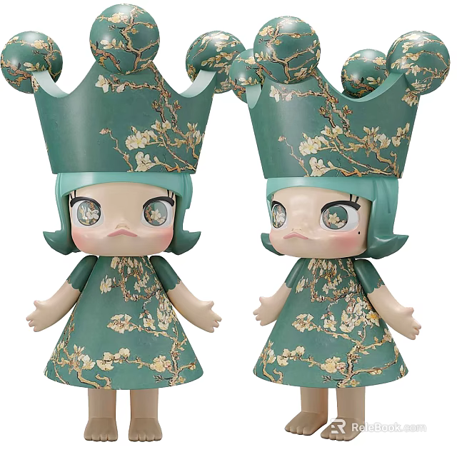 Two Green Floral Pattern Dolls With Crowns And Dresses For Decoration 3d model 