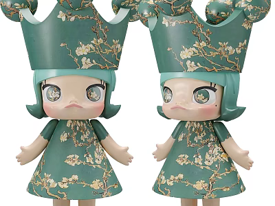 Two Green Floral Pattern Dolls With Crowns And Dresses For Decoration 3d model
