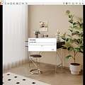 Modern Desk With Black Top Silver Legs Geometric Lamp White Flowers And Large Green Plant