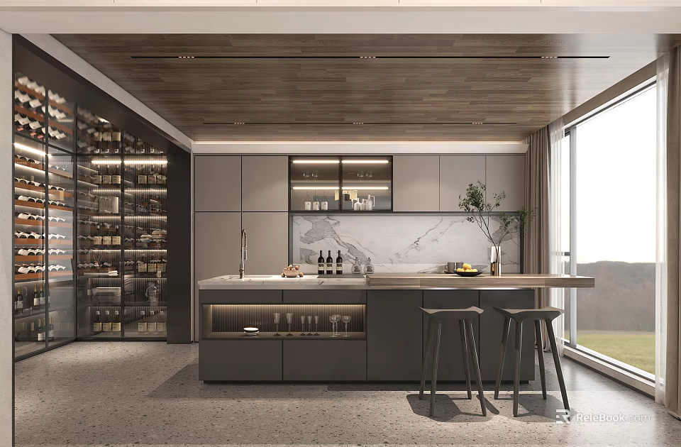 Modern Bar Area With Counter Stools Wine Storage And Large Window 3d model