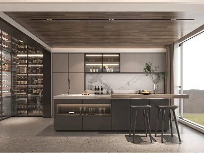 Modern Bar Area With Counter Stools Wine Storage And Large Window 3d model