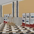Elegant Event Hall With Marble Columns Yellow Walls Display Boards Floral Decor And Geometric Floor