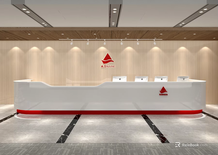 Modern White Reception Desk With Red Trim Wooden Wall Overhead Lights And Company Logo 3d model 