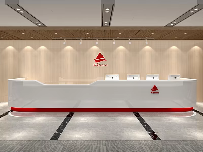 Modern White Reception Desk With Red Trim Wooden Wall Overhead Lights And Company Logo 3d model