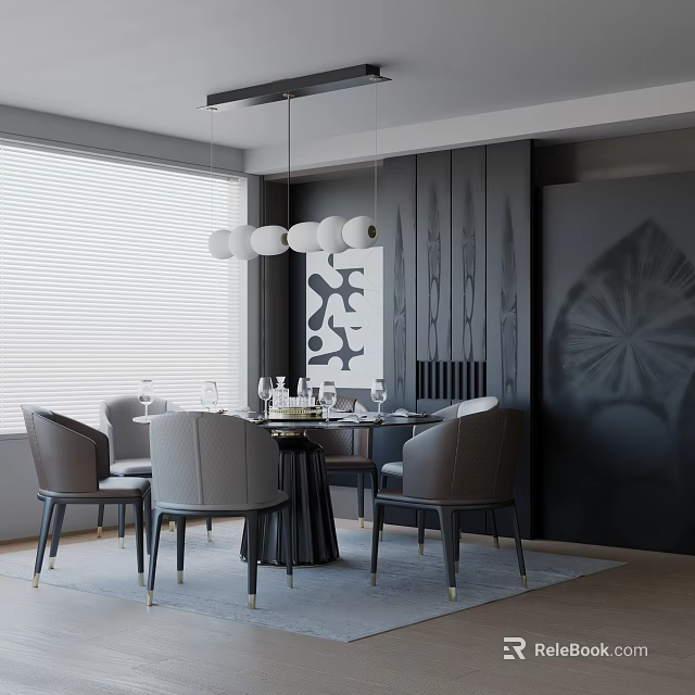 Modern Round Dining Table Set With Gray Chairs White Pendant Lights And Decorative Wall 3d model