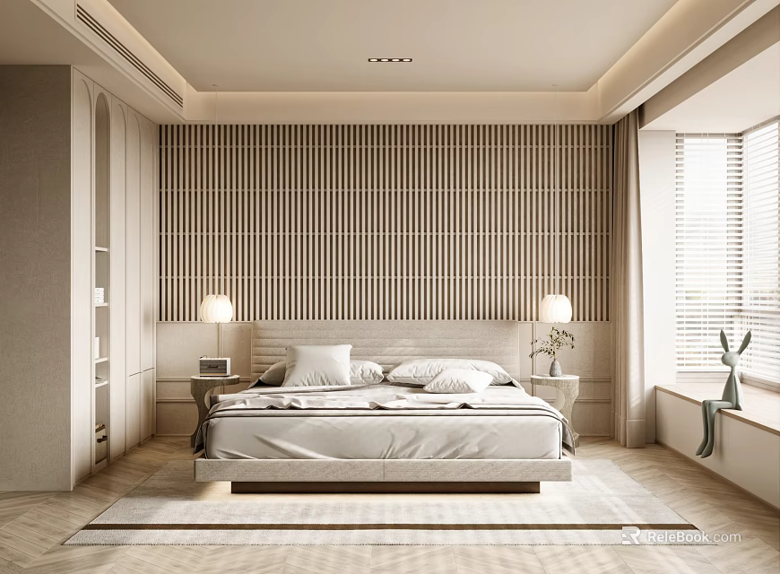 Modern Minimalist Bedroom Interior With Wooden Slat Accent Wall And White Bedding 3d model 