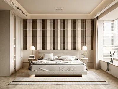 Modern Minimalist Bedroom Interior With Wooden Slat Accent Wall And White Bedding 3d model