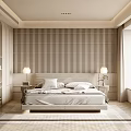 Modern Minimalist Bedroom Interior With Wooden Slat Accent Wall And White Bedding