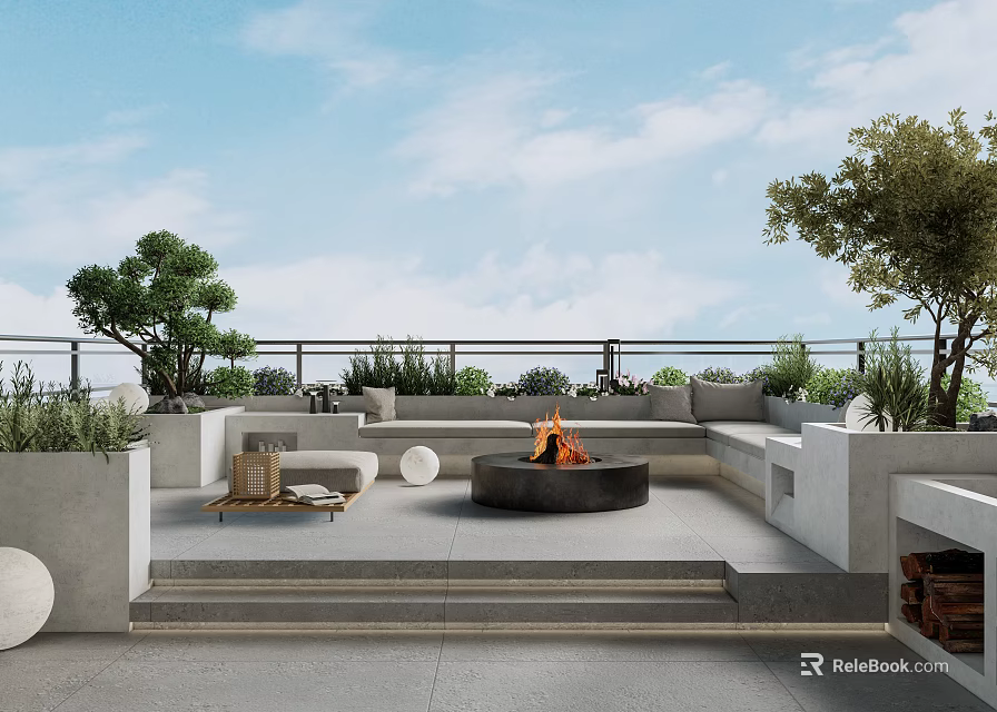 Modern Terrace Garden Design With Fire Pit Sofa And Green Plants 3d model 