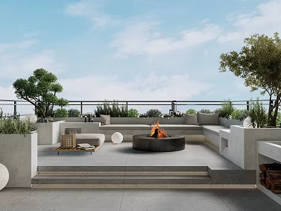 Modern Terrace Garden Design With Fire Pit Sofa And Green Plants 3d model