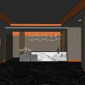 Modern Reception Desk Design With Marble Counter Metal Accents And Mirrored Ceiling