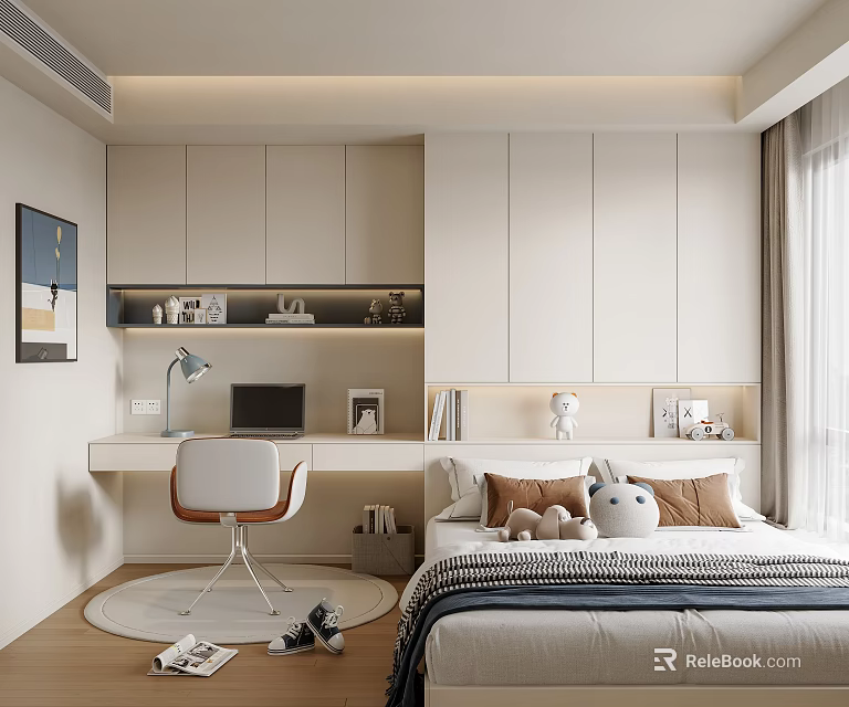 Modern Kids Room Interior Design With Bed Desk Chair And Rabbit Stuffed Toy 3d model 