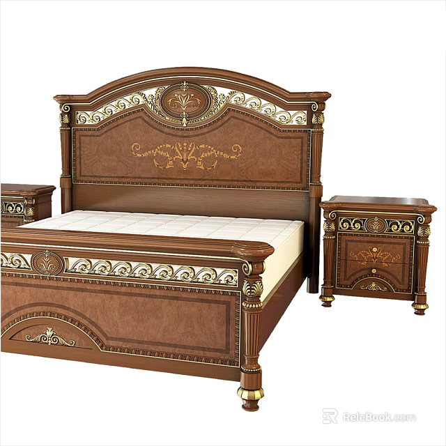 Classical Style Wooden Double Bed With Carved Headboard And Golden Accents Nightstands 3d model 