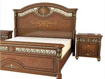Classical Style Wooden Double Bed With Carved Headboard And Golden Accents Nightstands 3d model