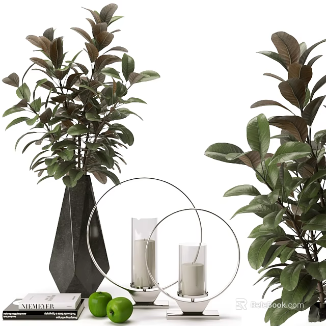 Decorative Ornament Set With Green Foliage Black Vase Metal Hoops And Glass Candle Holders 3d model 