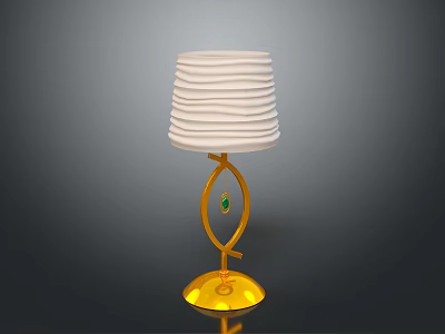 Stylish Table Lamp With Golden Stand Green Gemstone And White Pleated Shade 3d model