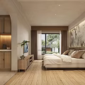 Hotel Guest Room Interior With Twin Beds And Botanical Mural On Wooden Flooring