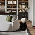 Modern Living Dining Room With Arched Bookshelves White Sofa Round Coffee Table Skylight And Wooden Flooring