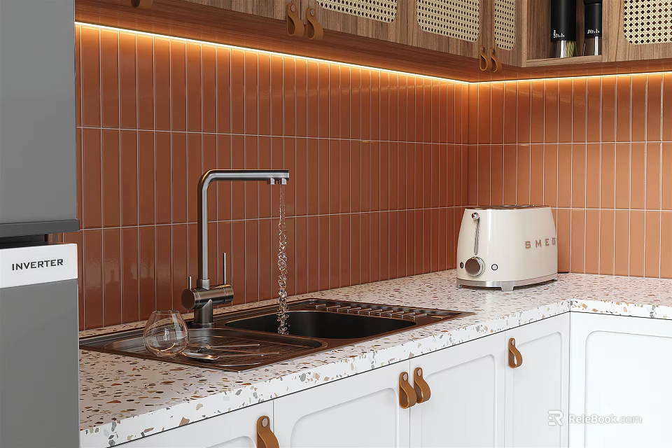 Modern Kitchen Interior Design With White Cabinets Wooden Handles Orange Tile Backsplash And Marble Countertop 3d model 