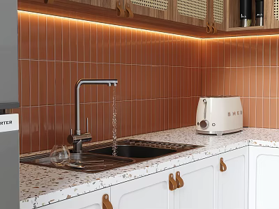 Modern Kitchen Interior Design With White Cabinets Wooden Handles Orange Tile Backsplash And Marble Countertop 3d model