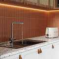 Modern Kitchen Interior Design With White Cabinets Wooden Handles Orange Tile Backsplash And Marble Countertop