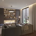 Modern Living Dining Room Interior Design With Sofa Coffee Table Bookshelf Window And Painting
