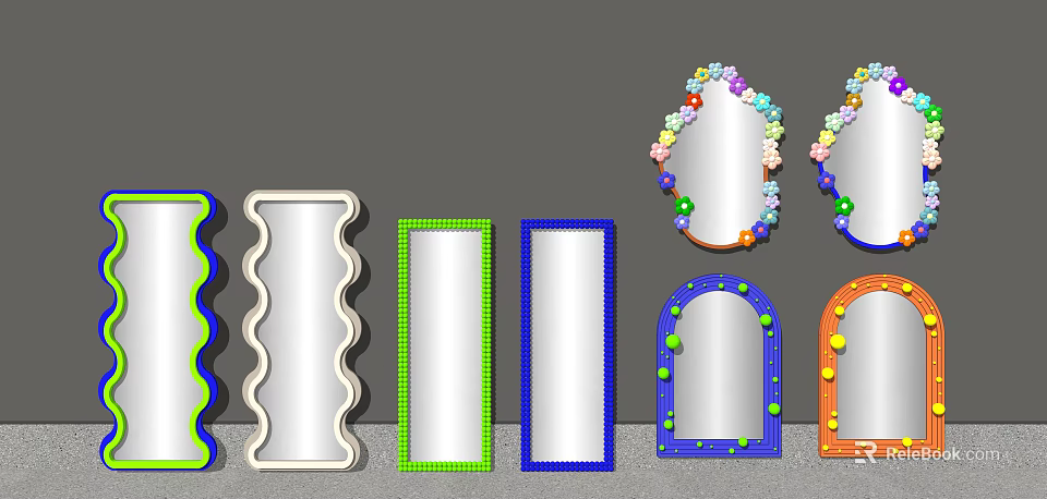 Unique Colorful Decorative Mirrors with Various Shapes and Beaded Frame Designs 3d model 
