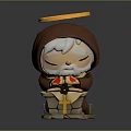 Cute Monk Sculpture in Brown Hooded Robe With Yellow Halo Holding Red Heart and Cross