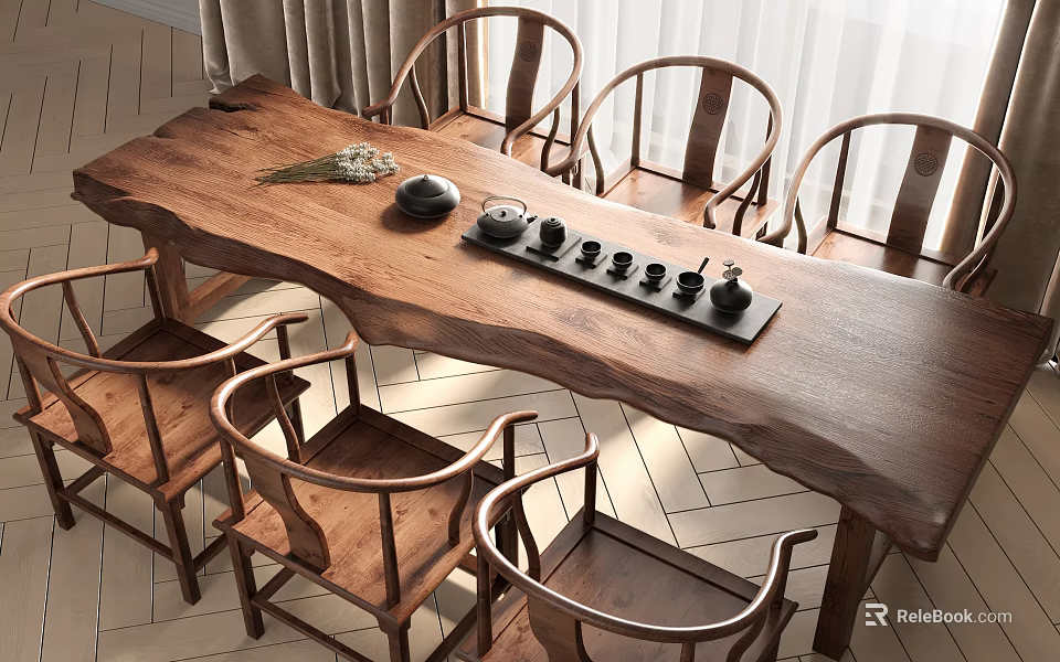 Solid Wood Tea Table And Chairs With Classic Design And Tea Set Decorations 3d model 