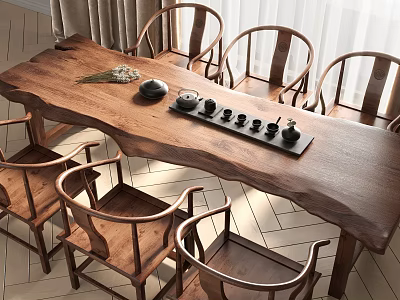 Solid Wood Tea Table And Chairs With Classic Design And Tea Set Decorations 3d model