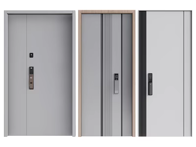 Modern Security Door Designs With Sleek Gray Finish Vertical Stripes And Wooden Frame 3d model