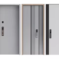 Modern Security Door Designs With Sleek Gray Finish Vertical Stripes And Wooden Frame