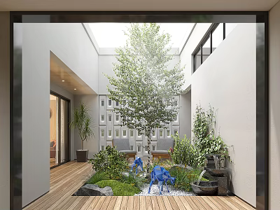 Indoor Garden Landscape With Skylight Daylight Green Plants Tree Wooden Flooring And Blue Decor Elements 3d model
