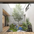 Indoor Garden Landscape With Skylight Daylight Green Plants Tree Wooden Flooring And Blue Decor Elements