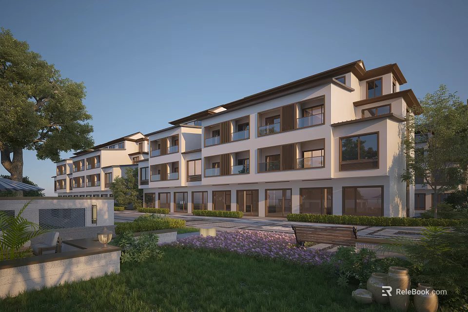 Modern Townhouse Exterior With Lush Greenery And Landscaping 3d model 