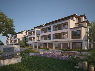 Modern Townhouse Exterior With Lush Greenery And Landscaping 3d model