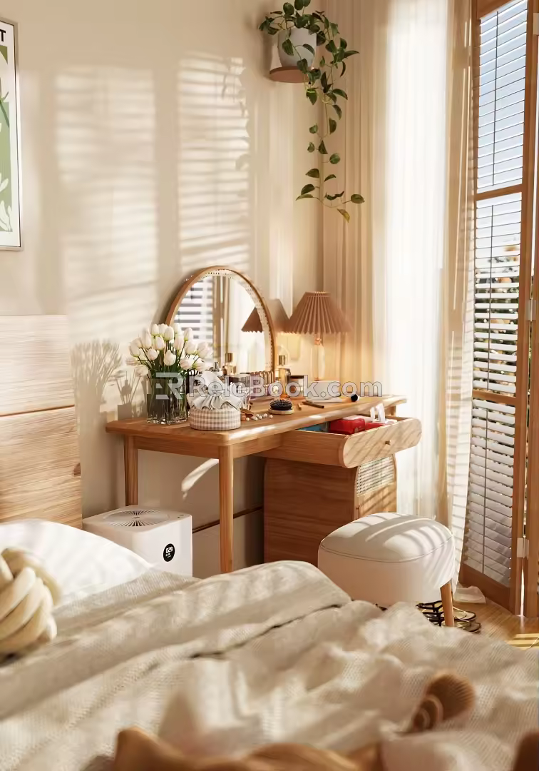 Nordic Style Dresser Log Style Wooden Furniture Dresser Cosmetics Desktop Decoration Sea View Room Light and Shadow Atmosphere Half Package Balcony Flowers Rose 3d model