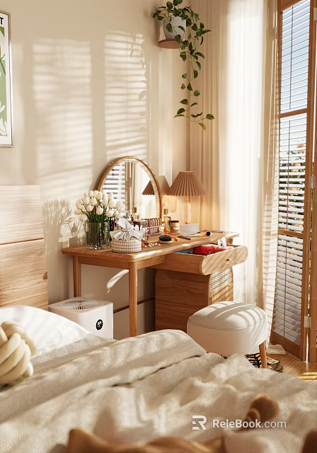 Warm Wooden Dressing Table With Round Mirror Table Lamp White Flowers And Storage Drawers 3d model 