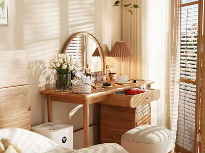 Warm Wooden Dressing Table With Round Mirror Table Lamp White Flowers And Storage Drawers 3d model