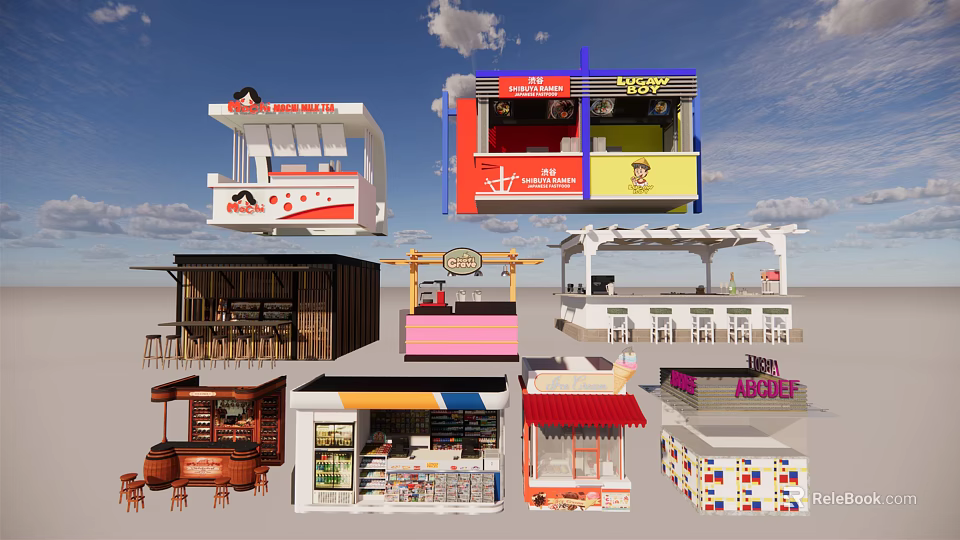 Colorful Outdoor Food Stalls With Various Designs And Seating Structures 3d model 