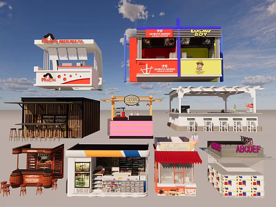 Colorful Outdoor Food Stalls With Various Designs And Seating Structures 3d model